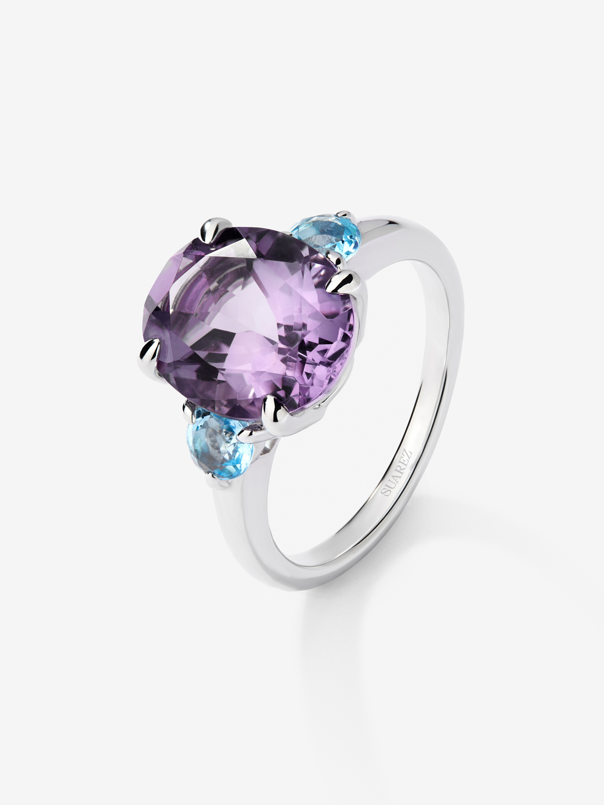 925 silver triple ring with oval-cut purple amethyst and 2 brilliant-cut Swiss blue topazes