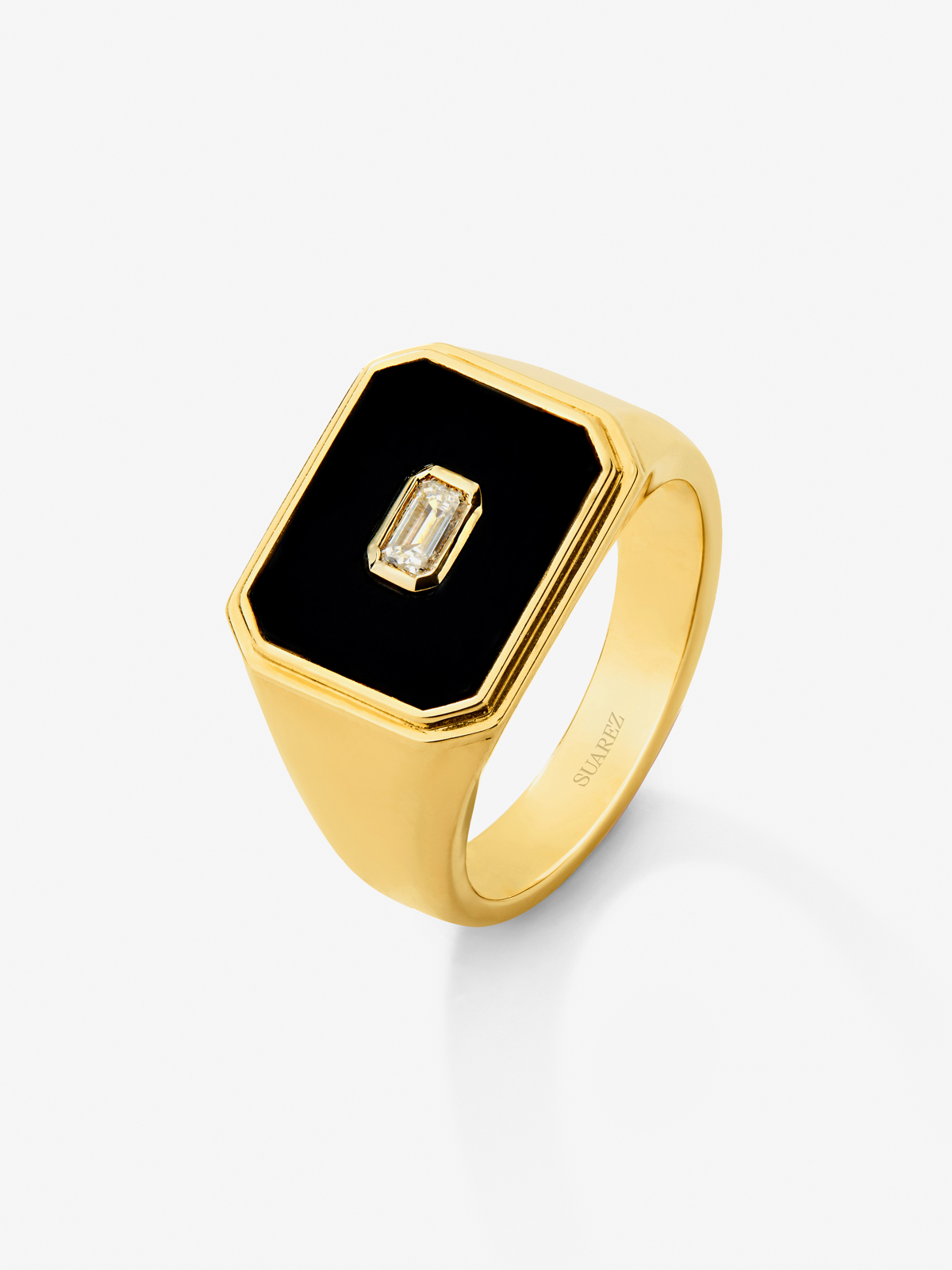 18K Yellow Gold Large Signet Ring with Black Onyx and 0.17 cts Diamond