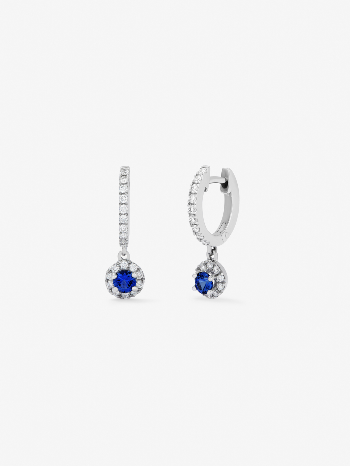 18K white gold hoop earrings with 38 brilliant-cut diamonds with a total of 0.29 cts and 2 brilliant-cut blue sapphires with a total of 0.37 cts