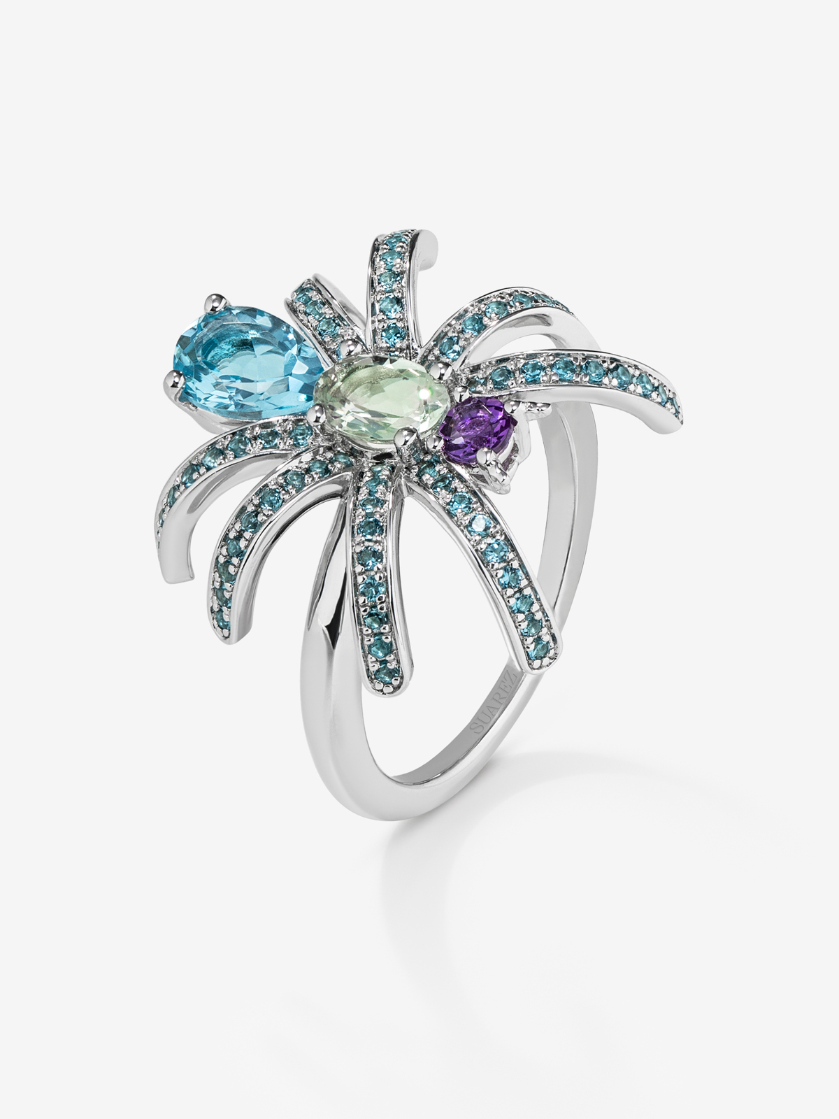 Silver Spider Ring with Topacios and amethyst